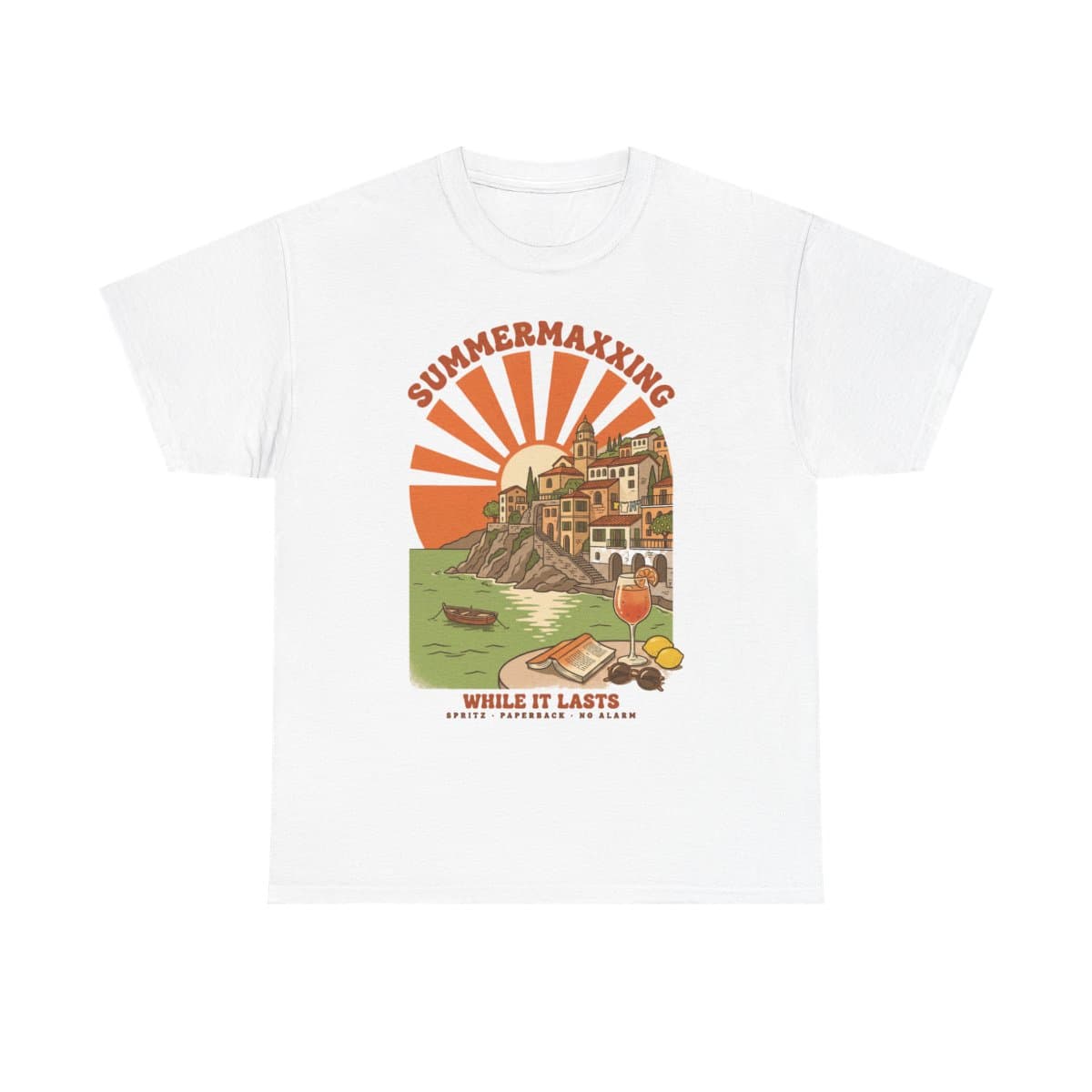 Summermaxxing Tee, Retro 70s Italian Coast Travel Poster Shirt, Vintage Summer Sunset Graphic T-Shirt